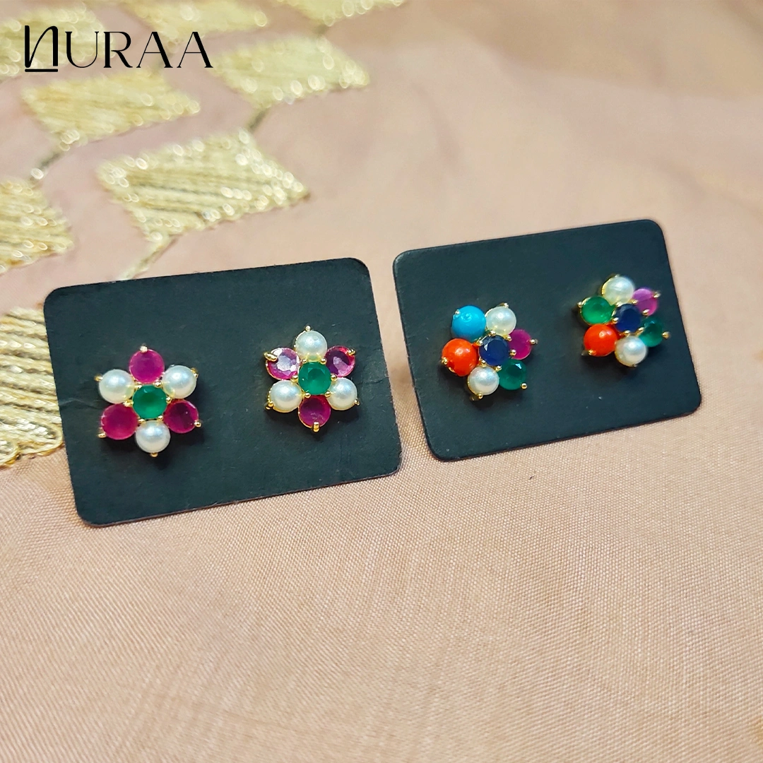 Floral Navratna Stud Earrings