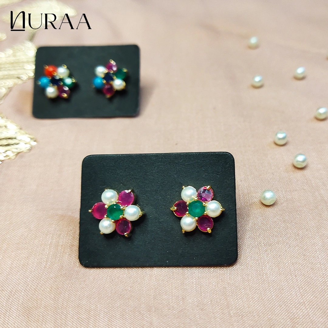 Floral Navratna Stud Earrings