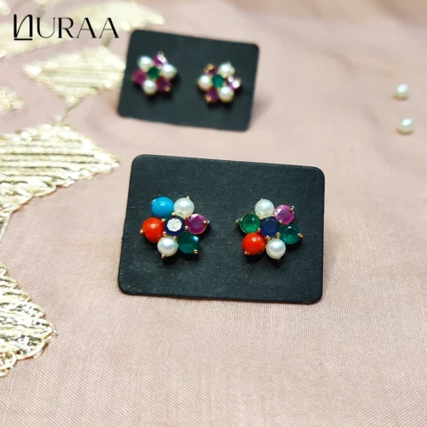 Floral Navratna Stud Earrings