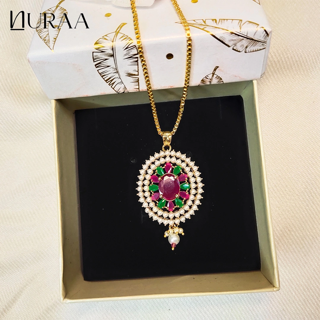 Oval Ruby-Emerald Pearl Pendant Set