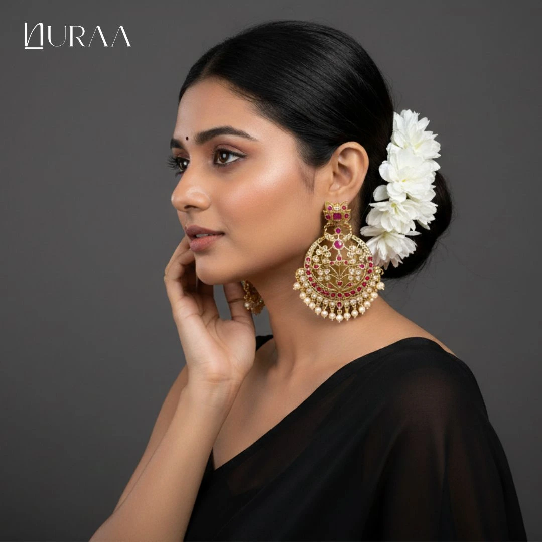 Gulnaar Ruby Pearl Jadau Chand Bali