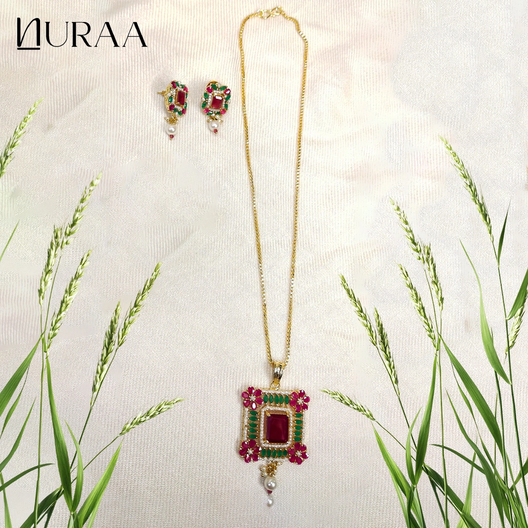Square Ruby Pendant Set