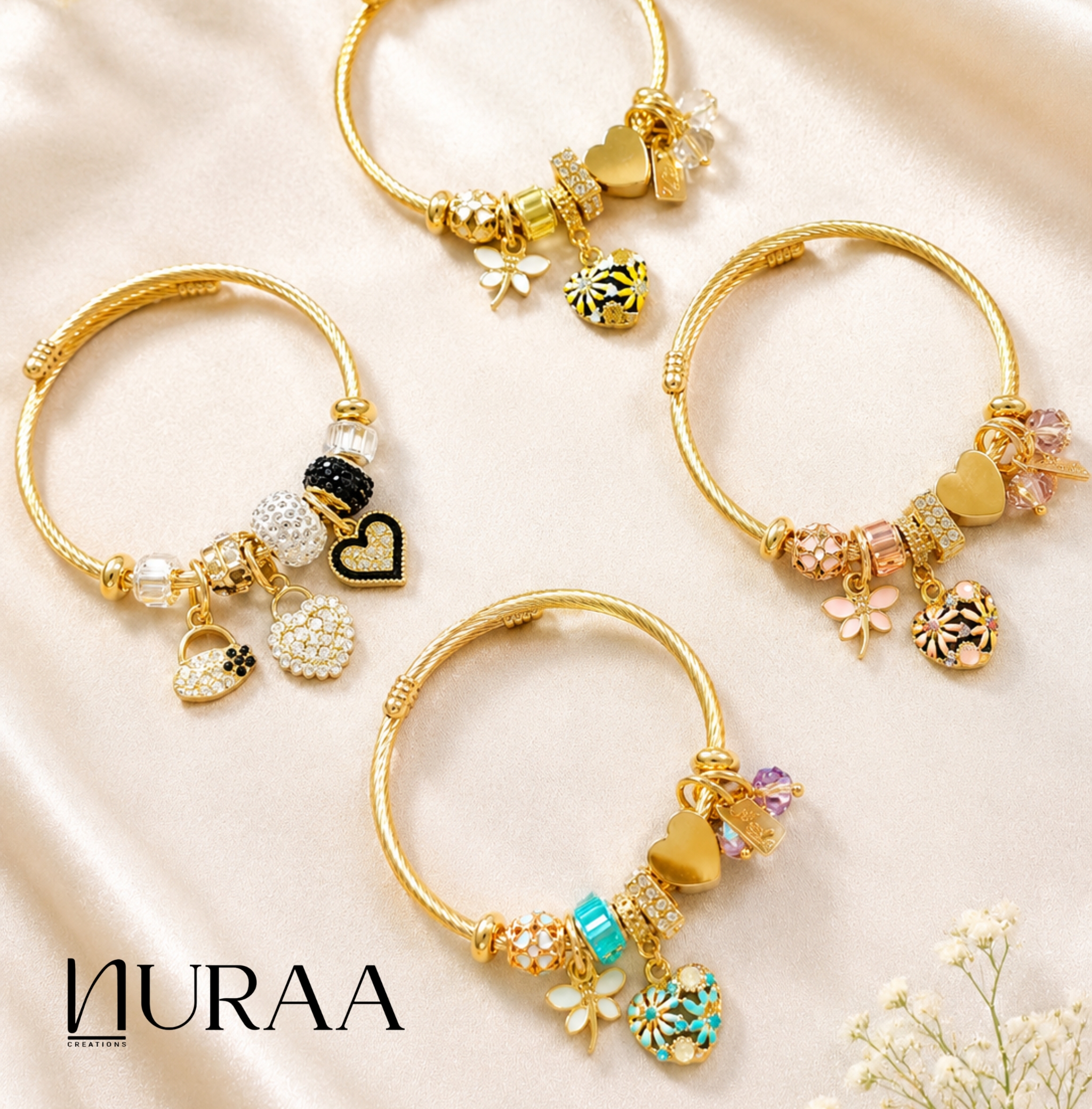Golden Heart & Dragonfly Charm Bracelet