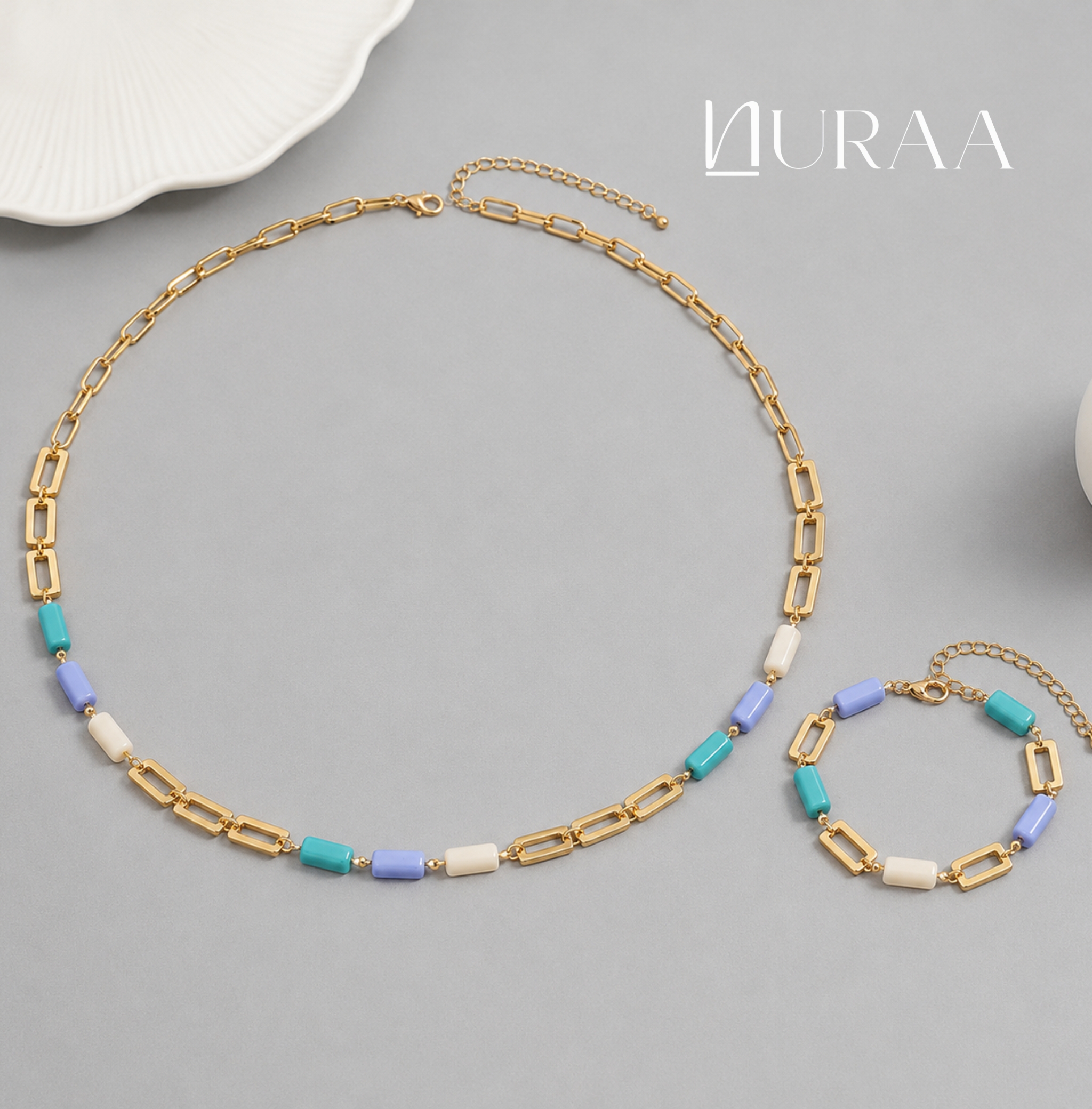 Pastel Rectangle Link Necklace & Bracelet Set - Image 3
