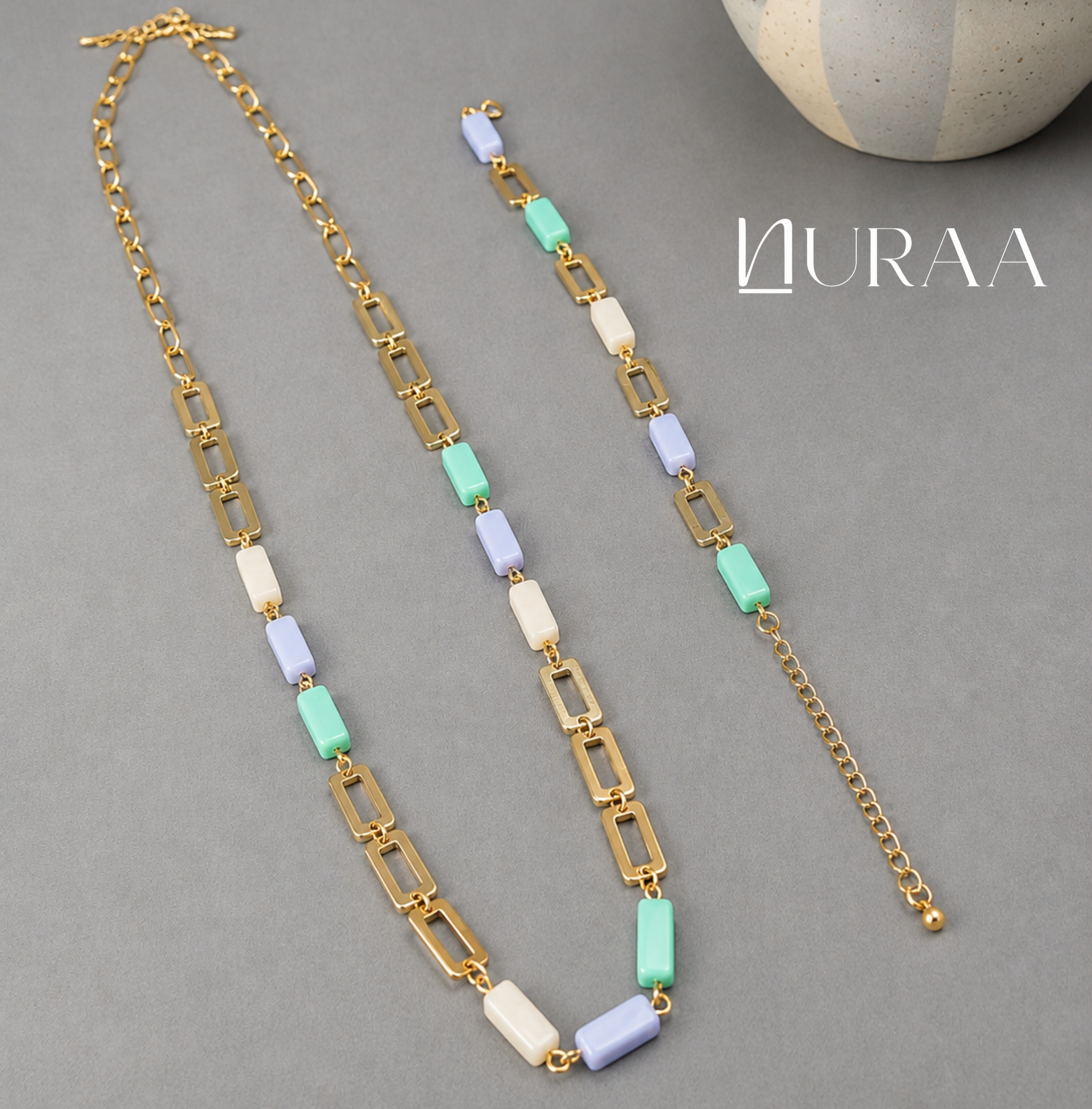 Pastel Rectangle Link Necklace & Bracelet Set - Image 5