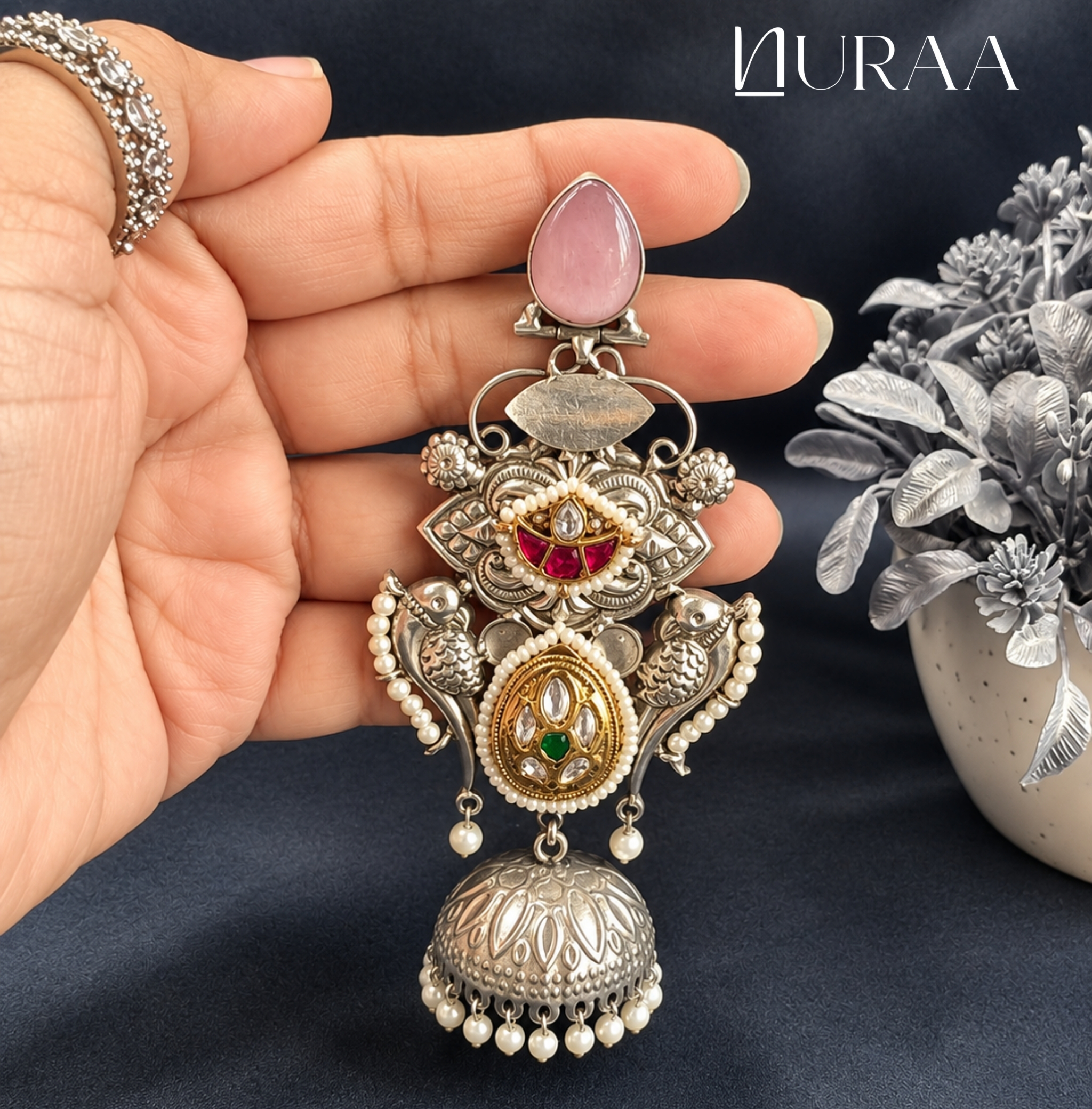 Mayura Oxidised Dual-Tone Jhumka Earrings - Image 3