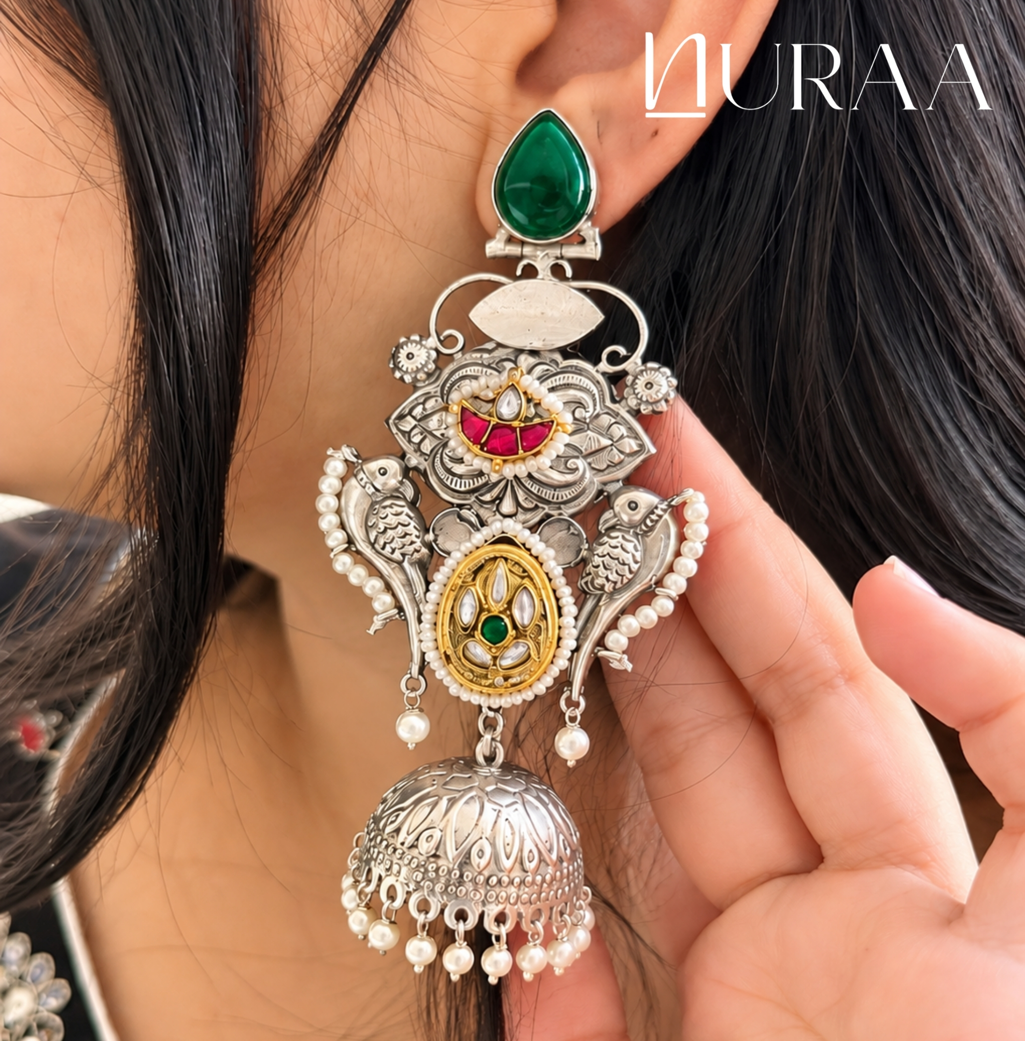 Mayura Oxidised Dual-Tone Jhumka Earrings - Image 4